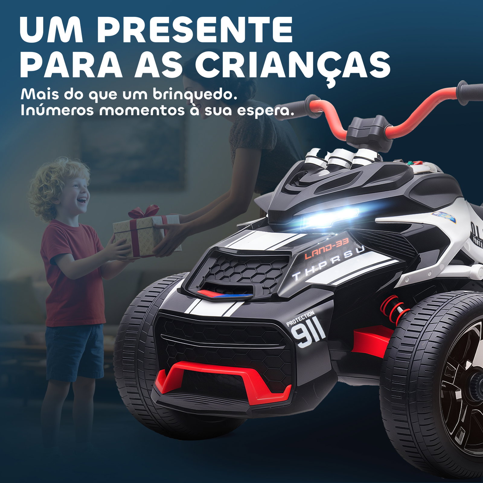 Quadricilo elétrico para crianças 12v com 2 motores velocidade até 5 km/h 3 rodas faróis buzina música 113x74x63 cm preto e branco