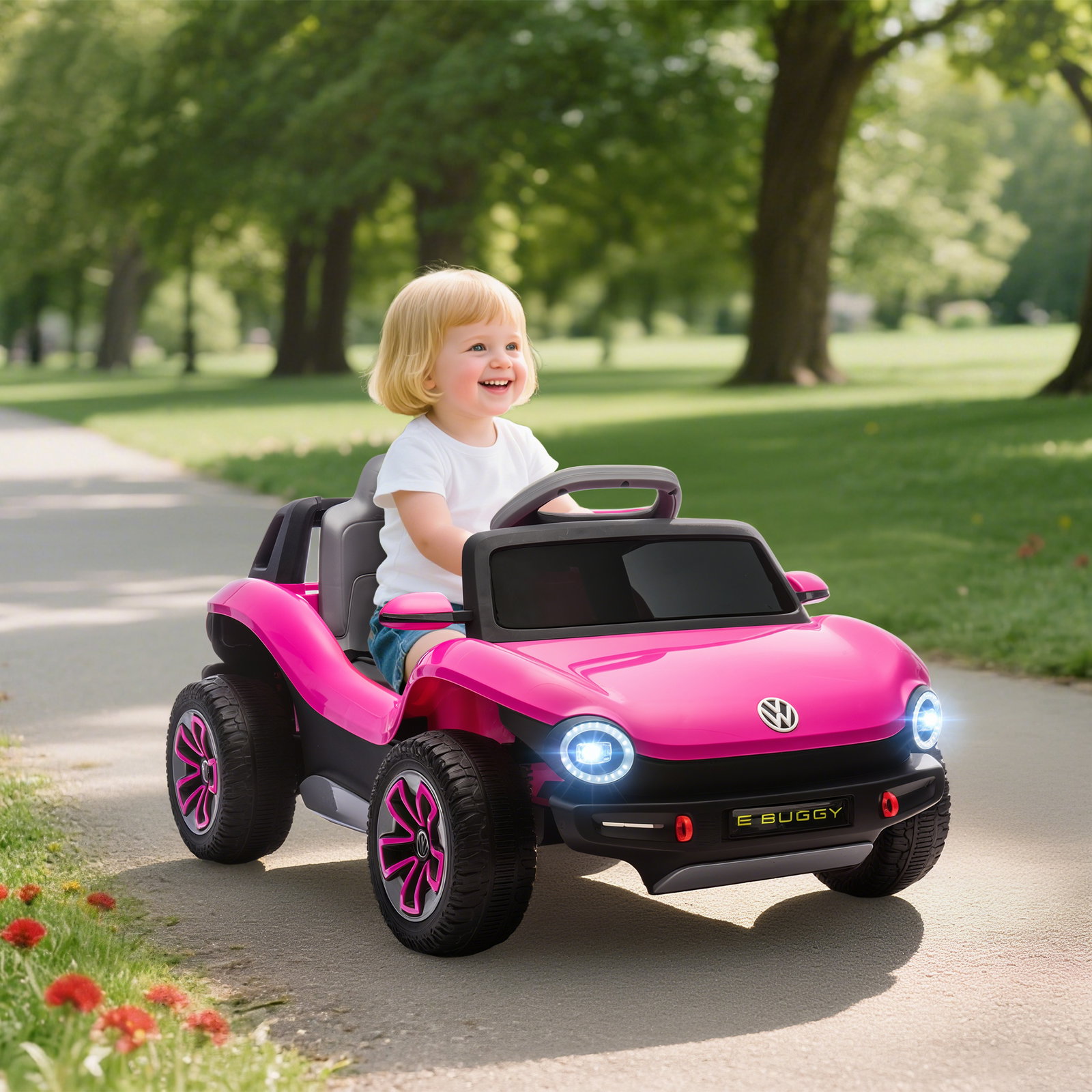 Carro elétrico para crianças volkswagen e-buggy bateria 12v com controlo remoto 2,4 g faróis LED música USB 98x56,5x47 cm rosa