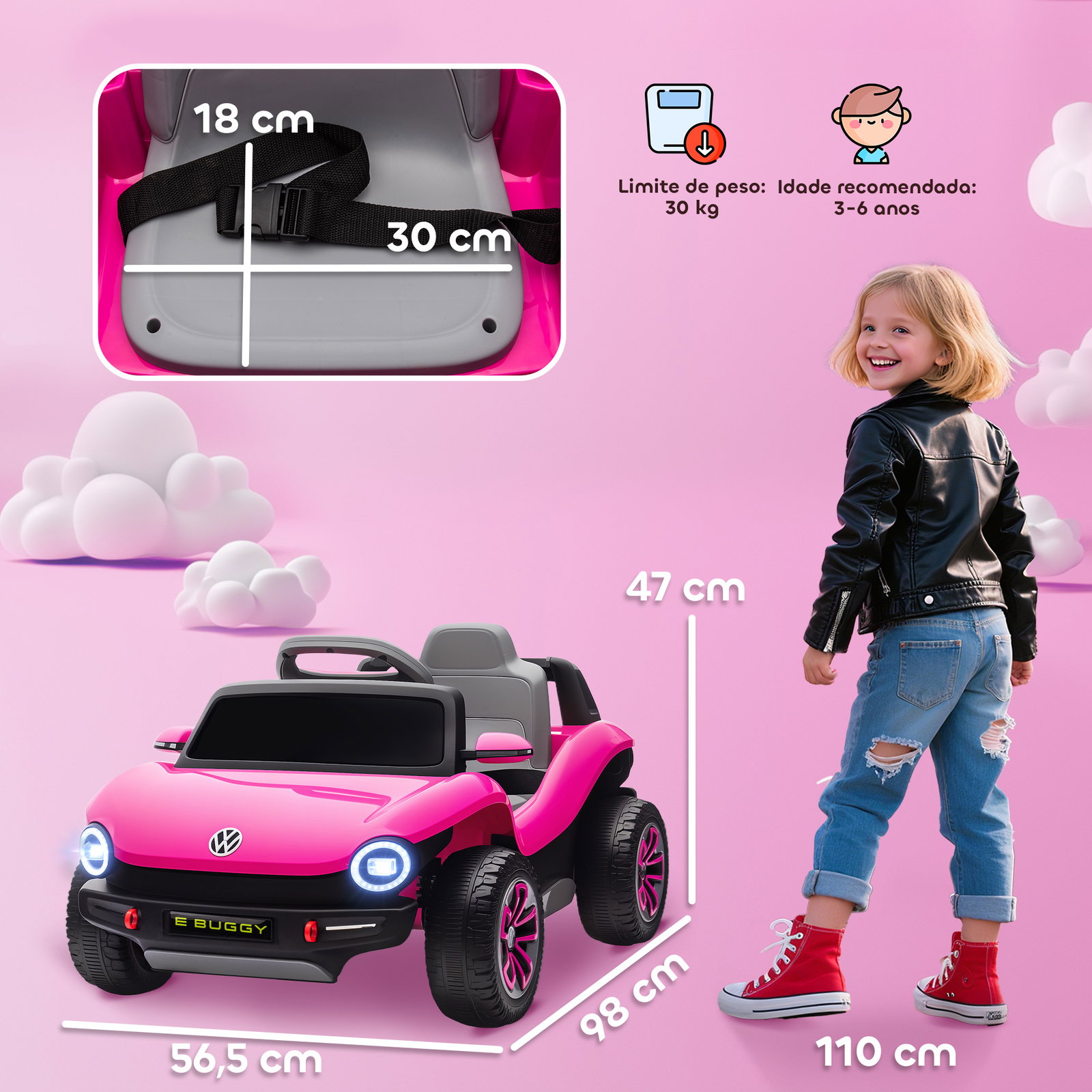 Carro elétrico para crianças volkswagen e-buggy bateria 12v com controlo remoto 2,4 g faróis LED música USB 98x56,5x47 cm rosa