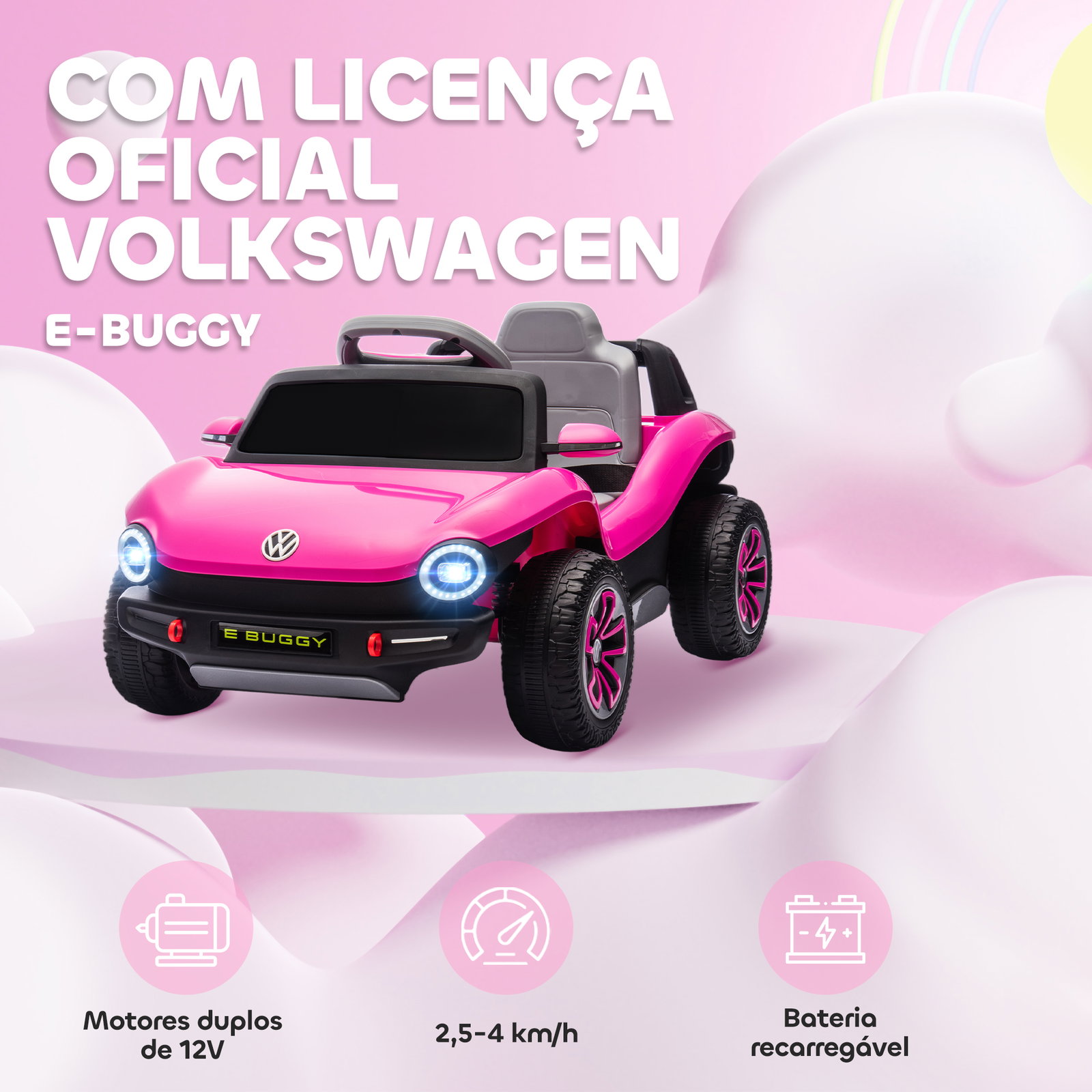 Carro elétrico para crianças volkswagen e-buggy bateria 12v com controlo remoto 2,4 g faróis LED música USB 98x56,5x47 cm rosa