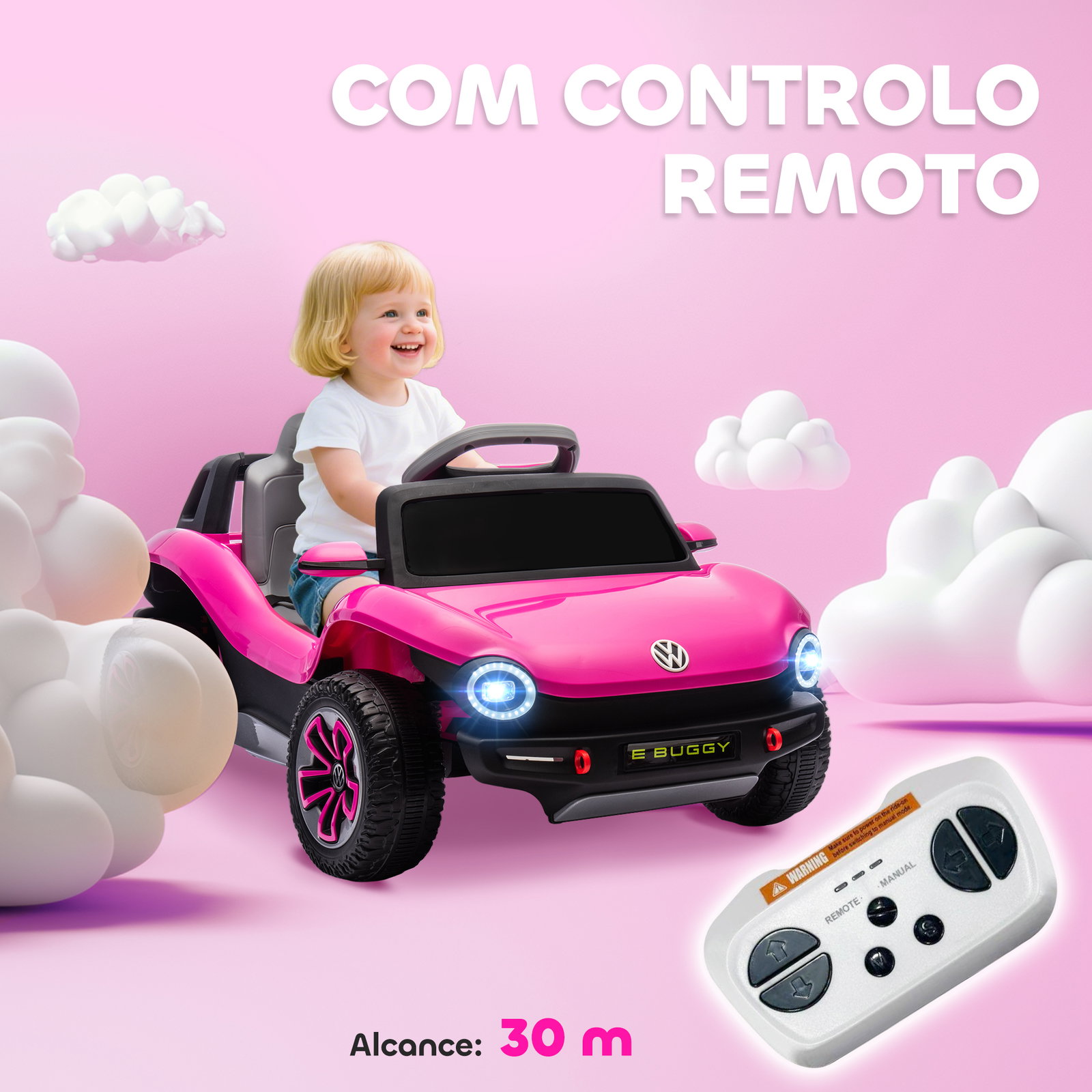 Carro elétrico para crianças volkswagen e-buggy bateria 12v com controlo remoto 2,4 g faróis LED música USB 98x56,5x47 cm rosa