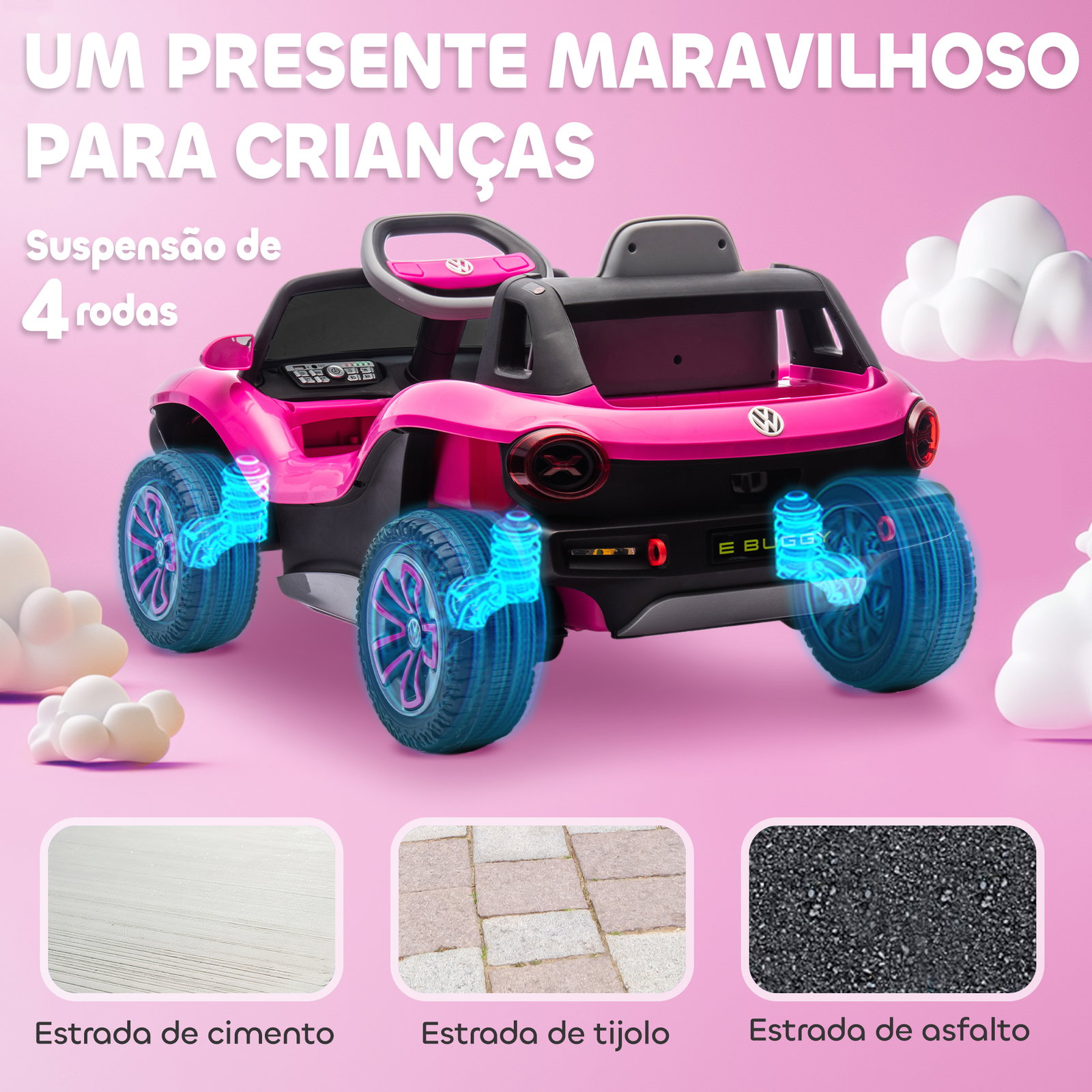 Carro elétrico para crianças volkswagen e-buggy bateria 12v com controlo remoto 2,4 g faróis LED música USB 98x56,5x47 cm rosa