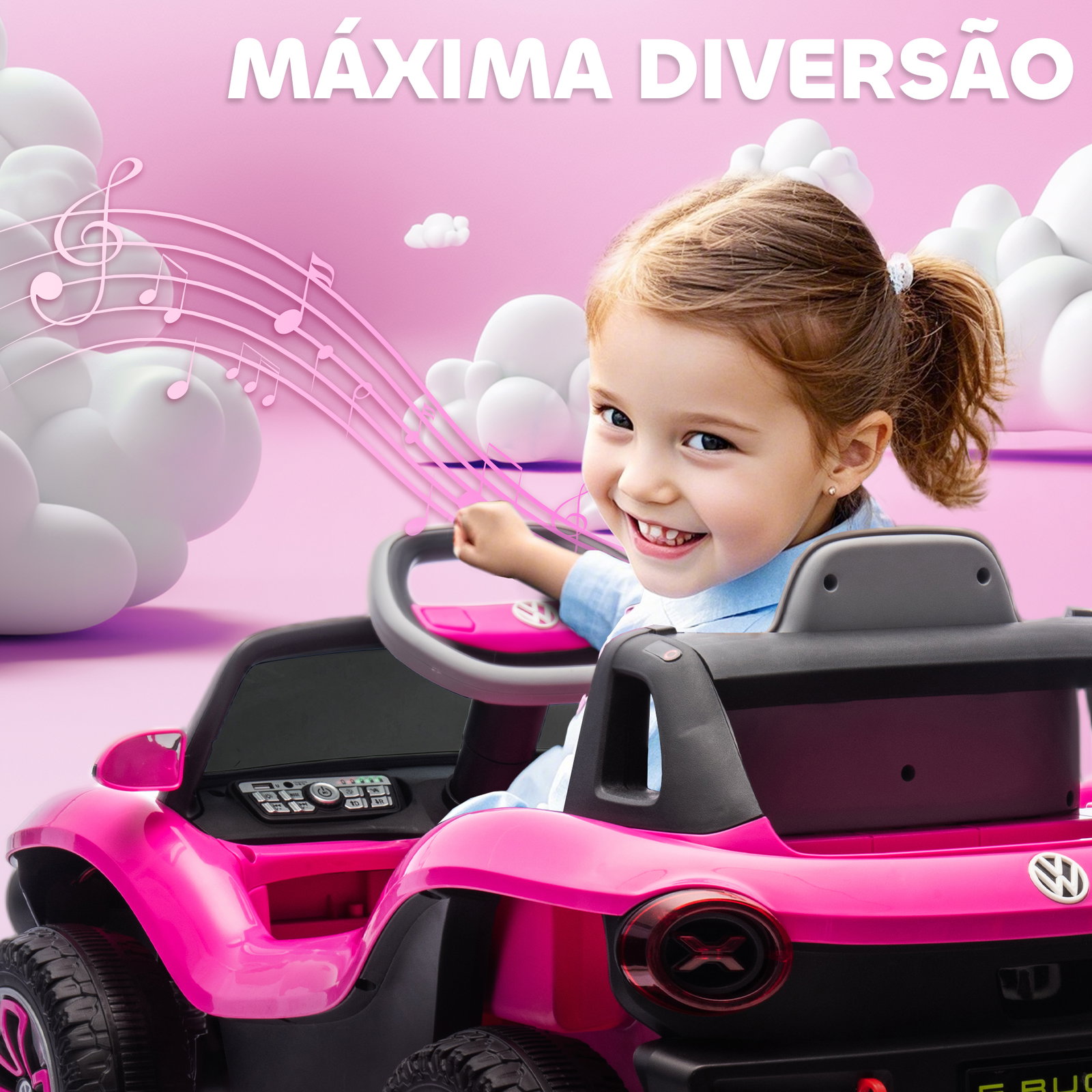 Carro elétrico para crianças volkswagen e-buggy bateria 12v com controlo remoto 2,4 g faróis LED música USB 98x56,5x47 cm rosa