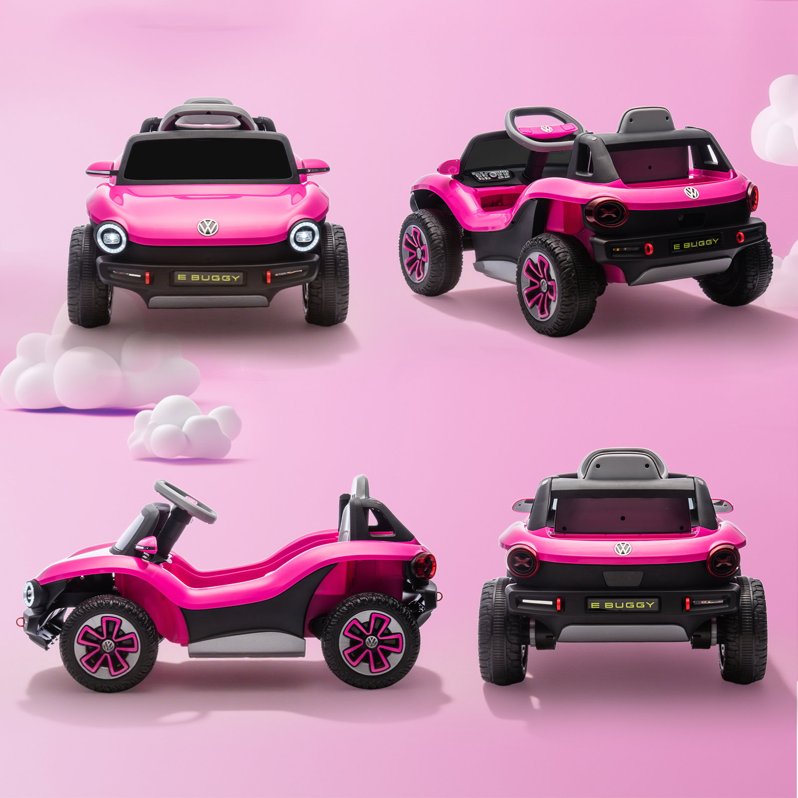 Carro elétrico para crianças volkswagen e-buggy bateria 12v com controlo remoto 2,4 g faróis LED música USB 98x56,5x47 cm rosa
