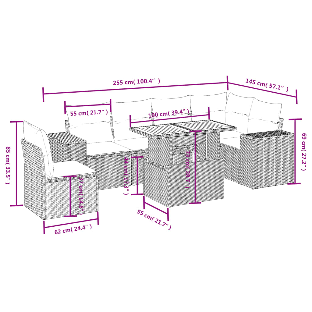 7 Pcs conjunto de sofás p/ jardim com almofadões vime PE bege