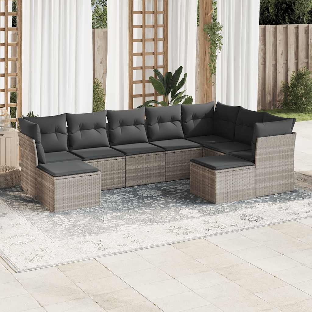 9 Pcs conj. sofás jardim com almofadões vime PE cinzento-claro