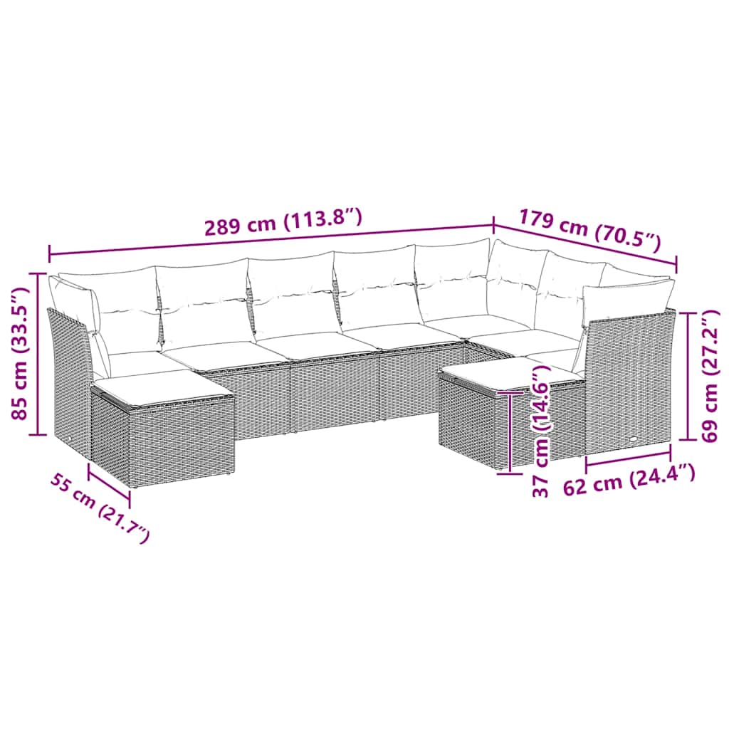 9 Pcs conj. sofás jardim com almofadões vime PE cinzento-claro