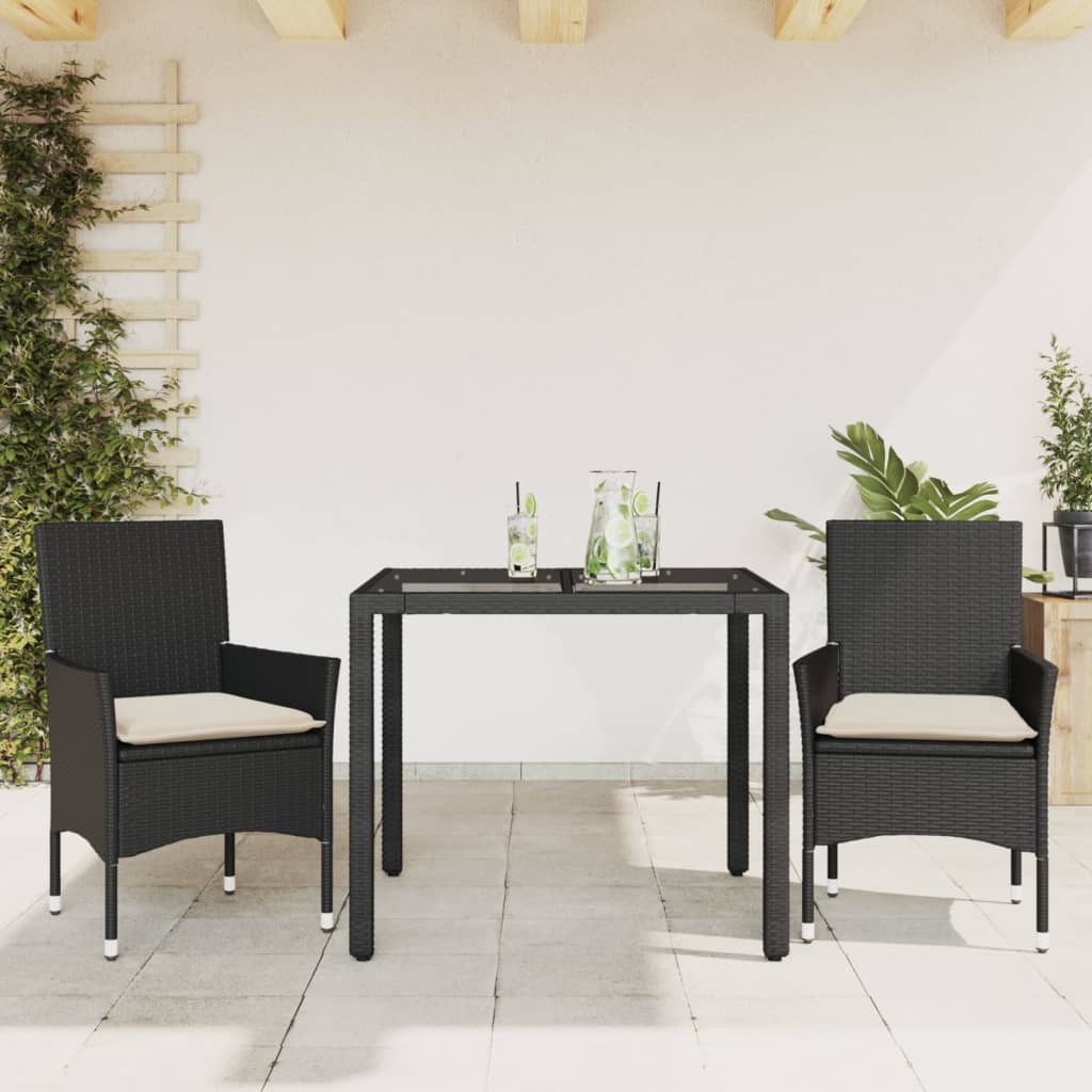 3 Pcs conjunto jantar jardim c/ almofadões vime PE/vidro preto