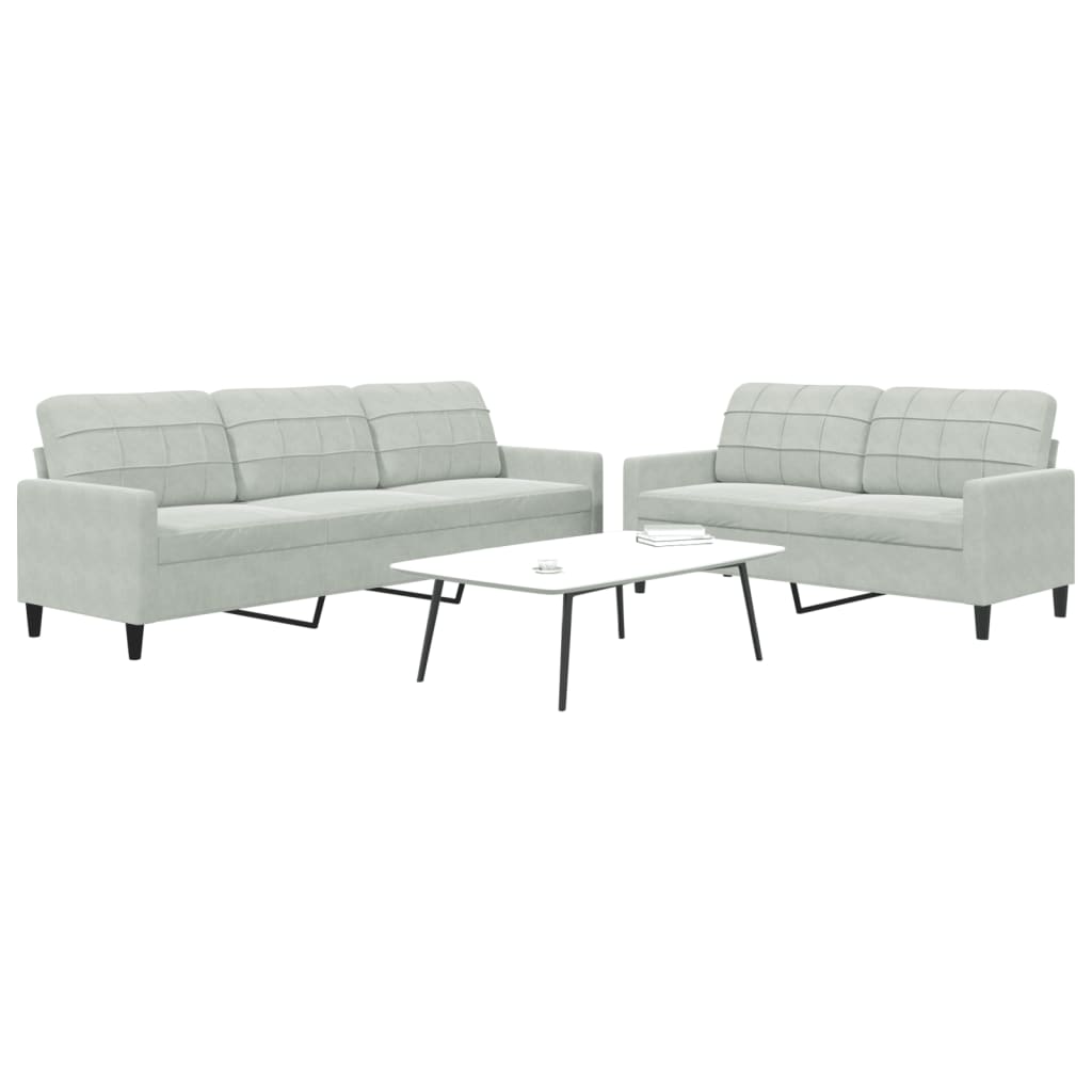 2 Pcs conjunto de sofás com almofadões veludo cinzento-claro