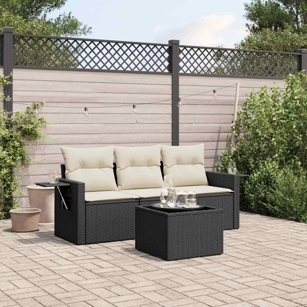 4 Pcs conjunto de sofás para jardim c/ almofadões vime PE preto
