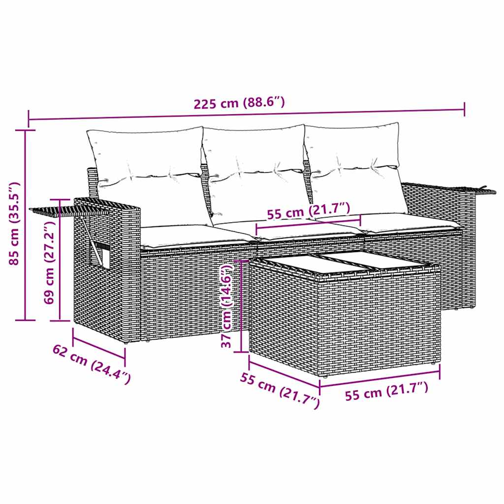 4 Pcs conjunto de sofás para jardim c/ almofadões vime PE preto