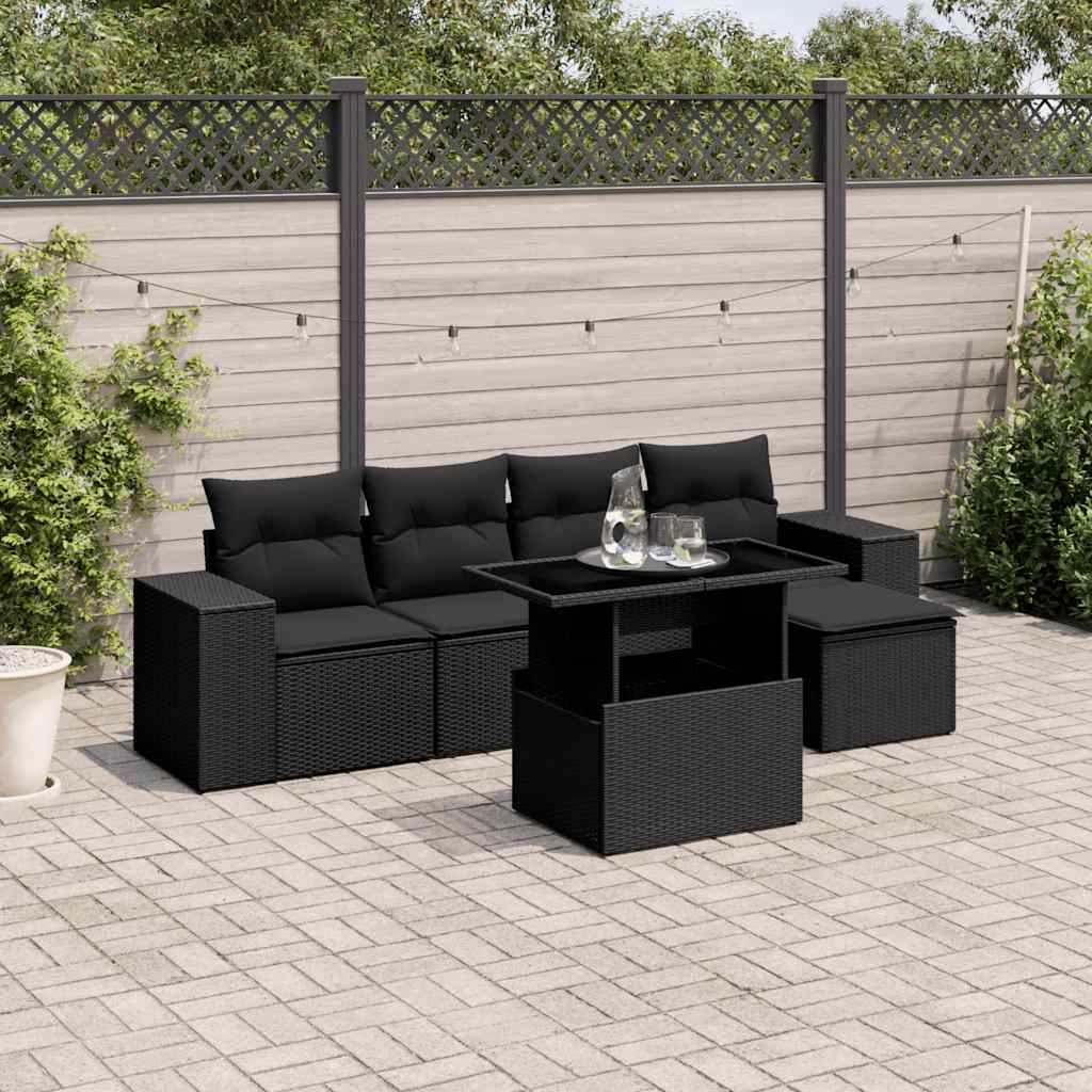 6 Pcs conjunto sofás de jardim c/ almofadões vime PE preto