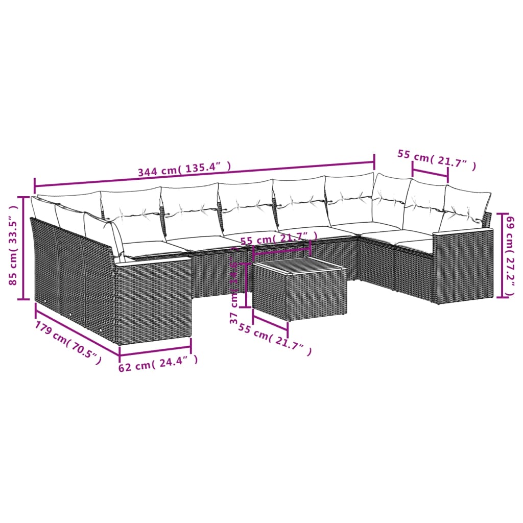 11 Pcs conjunto sofás de jardim c/ almofadões vime PE preto