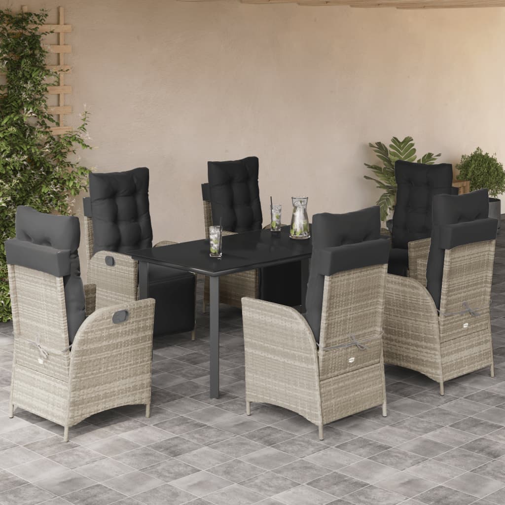 7 Pcs conj. jantar p/ jardim c/ almofadões vime PE cinza-claro