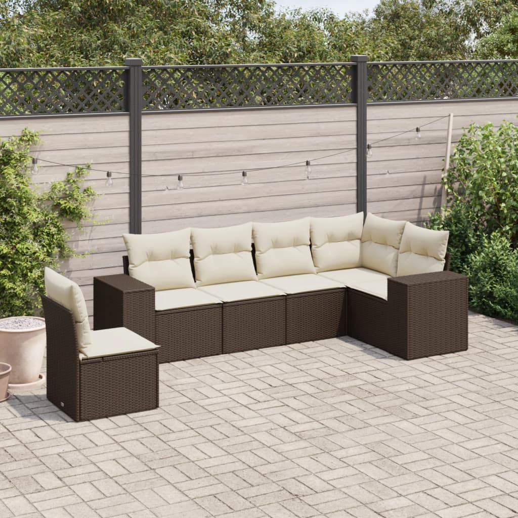 6 Pcs conjunto de sofás jardim c/ almofadões vime PE castanho