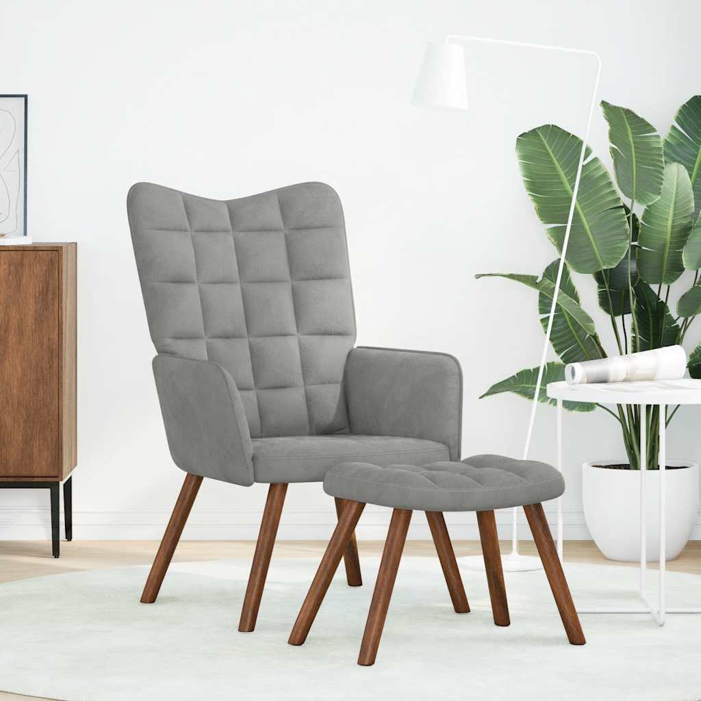 Cadeira relaxante com banco em veludo cinza claro