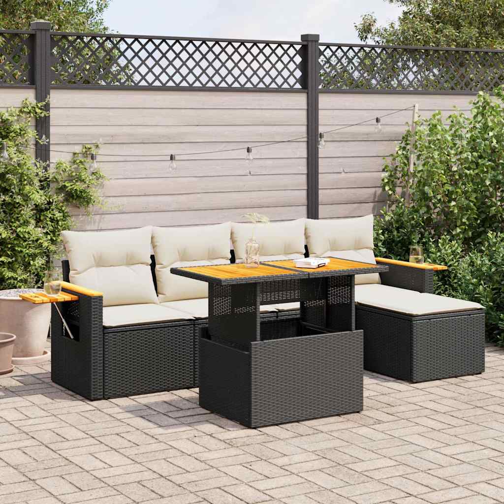 6 Pcs conjunto sofás jardim c/ almofadões vime PE/acácia preto