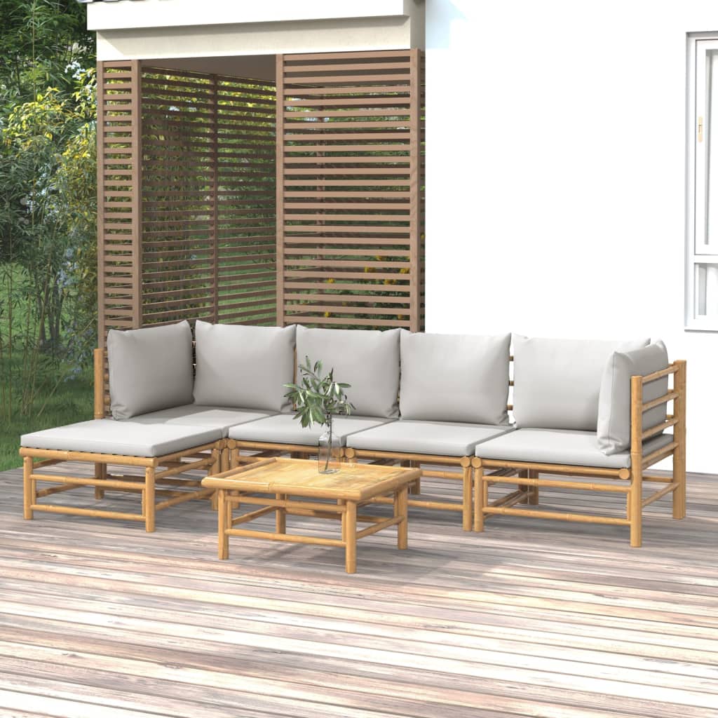 6 Pcs conj. lounge de jardim bambu c/ almofadões cinzento-claro