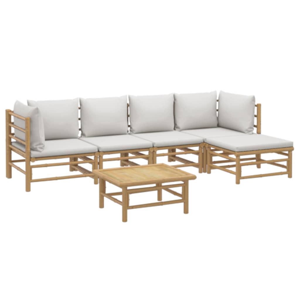 6 Pcs conj. lounge de jardim bambu c/ almofadões cinzento-claro