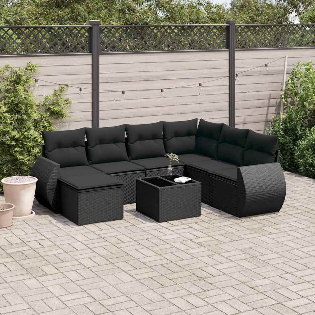 8 Pcs conjunto sofás de jardim com almofadões vime PE preto