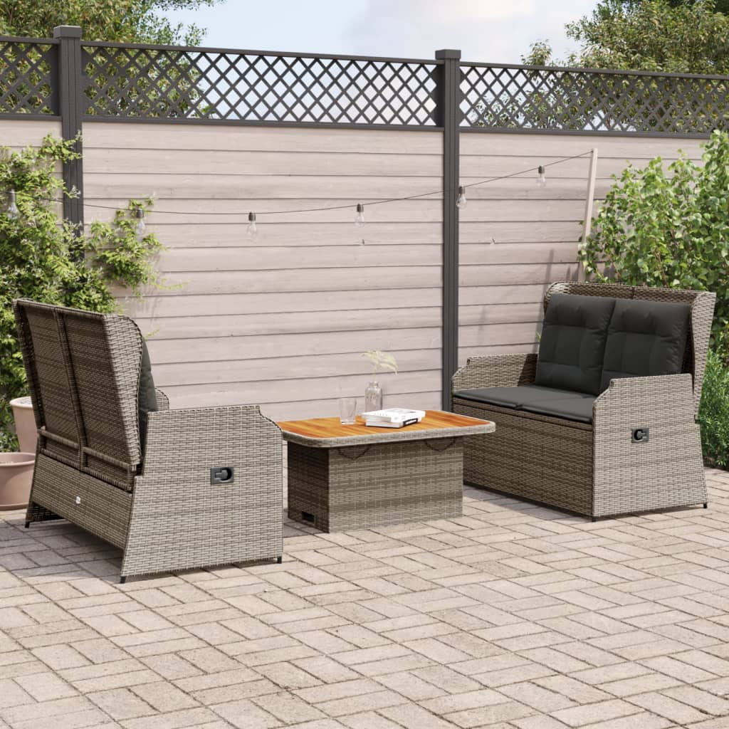 3 Pcs conjunto lounge de jardim c/ almofadões vime PE cinzento