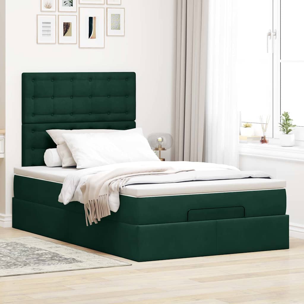 Estrutura de cama otomana com colchões verde escuro veludo
