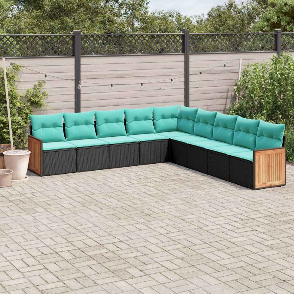 Conjunto de sofá de jardim de 9 peças com almofadas em rattan sintético preto