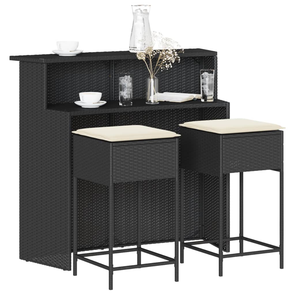 3 Pcs conjunto de bar para jardim c/ almofadões vime PE preto
