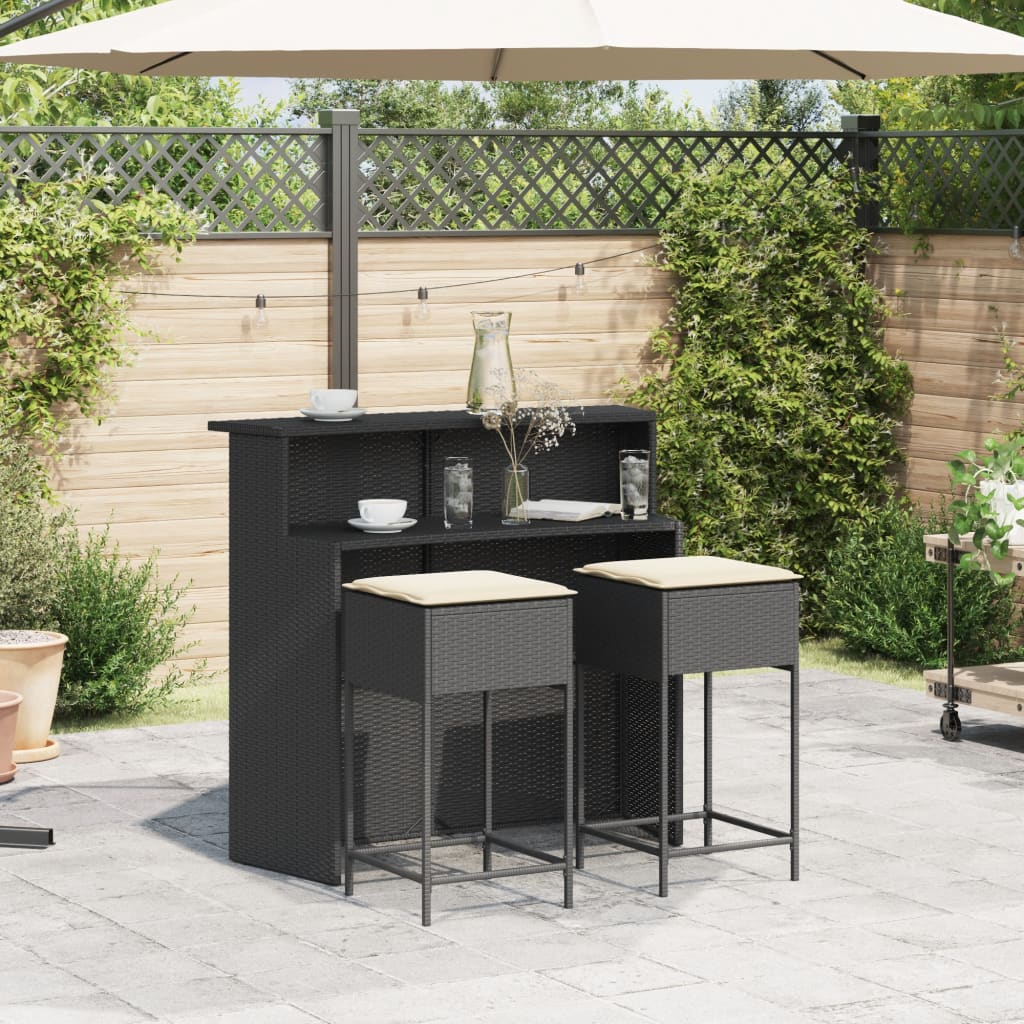 3 Pcs conjunto de bar para jardim c/ almofadões vime PE preto