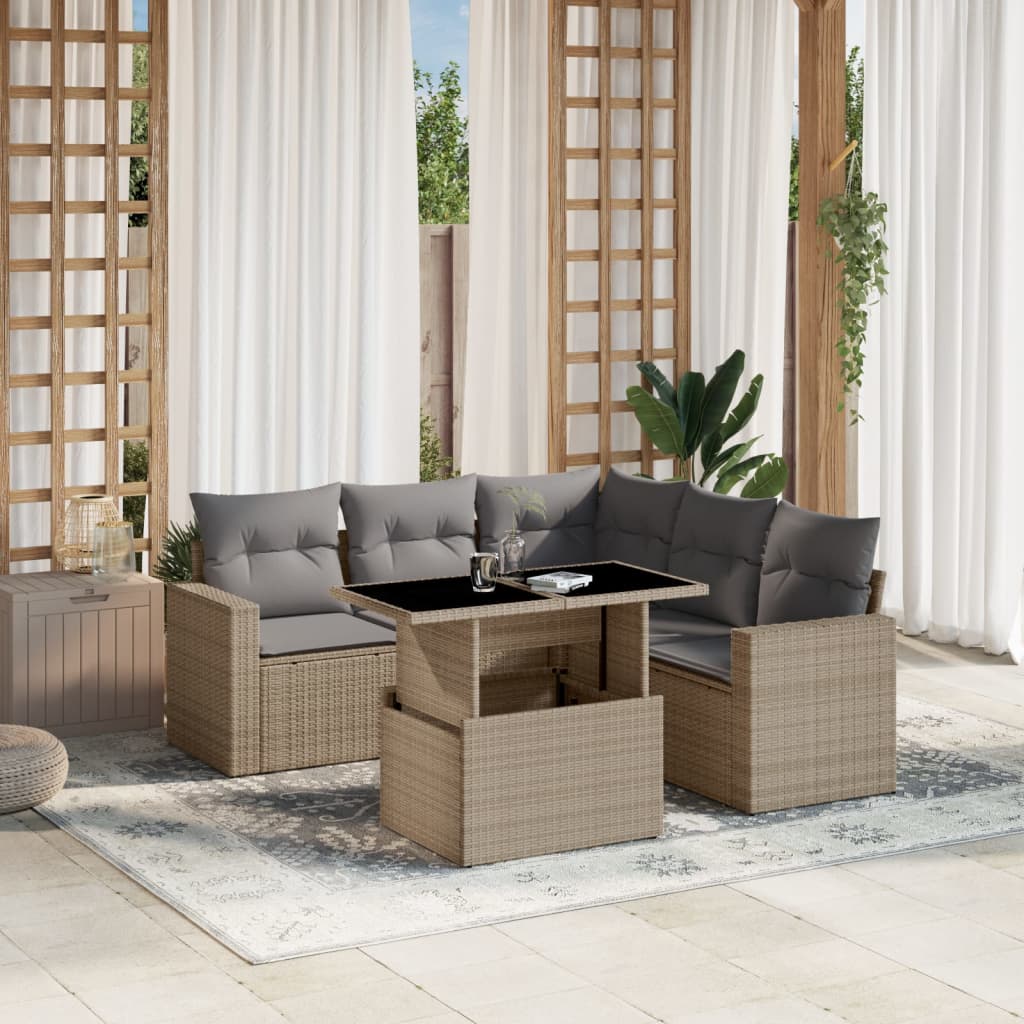 6 Pcs conjunto de sofás p/ jardim com almofadões vime PE bege