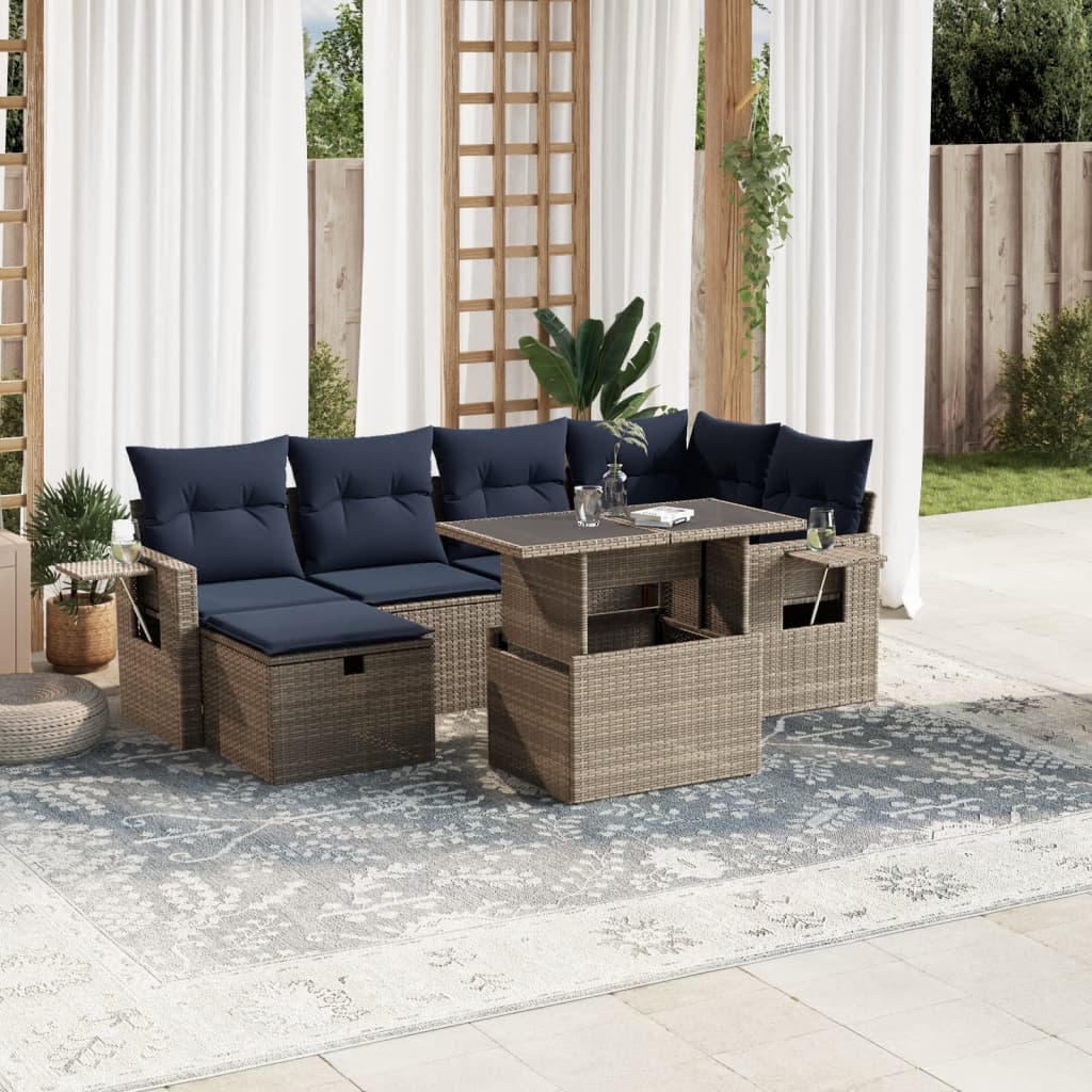 Conjunto de sofá de jardim com 7 peças e almofadas em rattan sintético cinza
