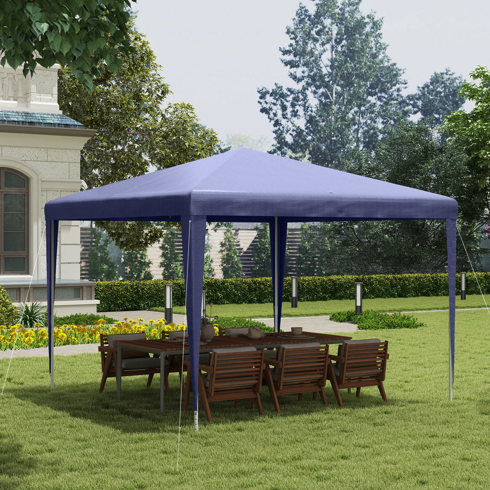 Tenda de jardim tenda de exterior com tubos de aço e cobertura de PE para eventos campismo festas 293x293x252 cm azul