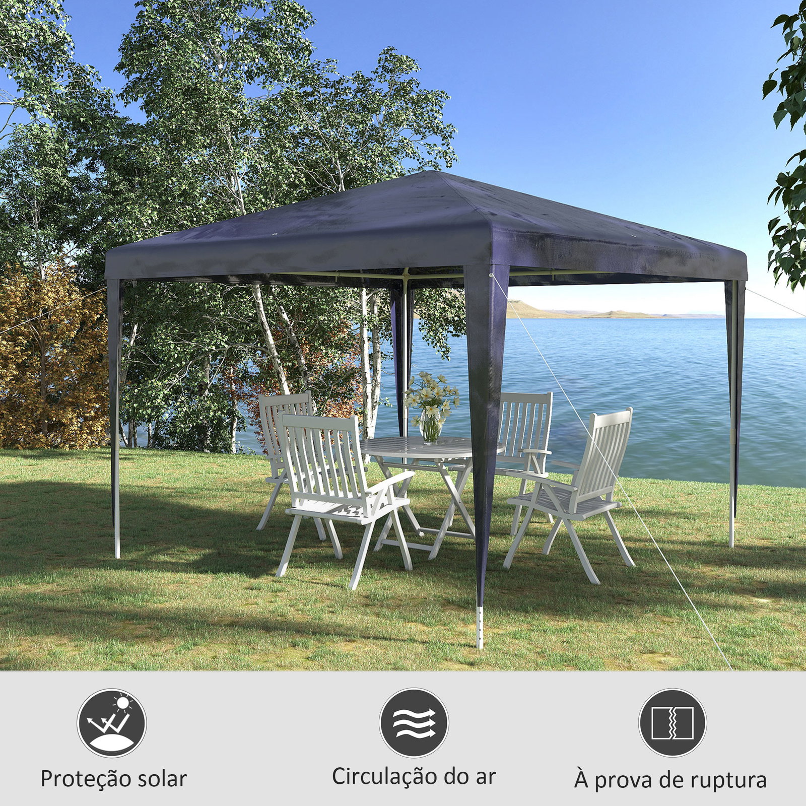 Tenda de jardim tenda de exterior com tubos de aço e cobertura de PE para eventos campismo festas 293x293x252 cm azul