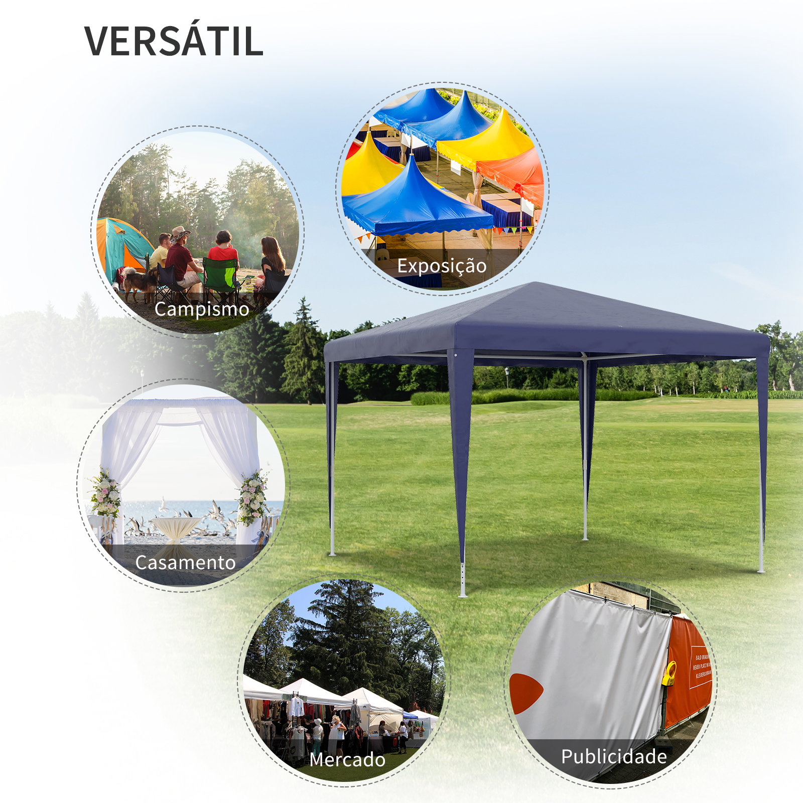 Tenda de jardim tenda de exterior com tubos de aço e cobertura de PE para eventos campismo festas 293x293x252 cm azul