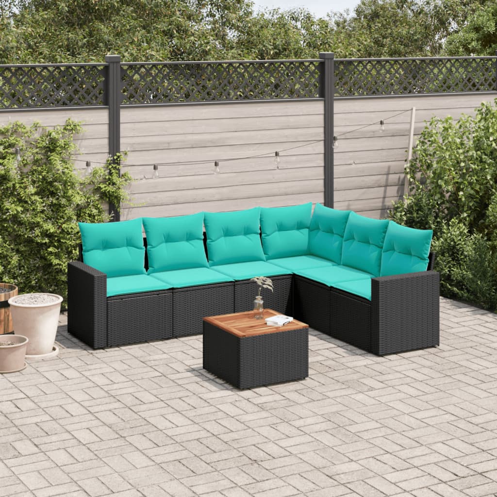 7 Pcs conjunto de sofás p/ jardim c/ almofadões vime PE preto
