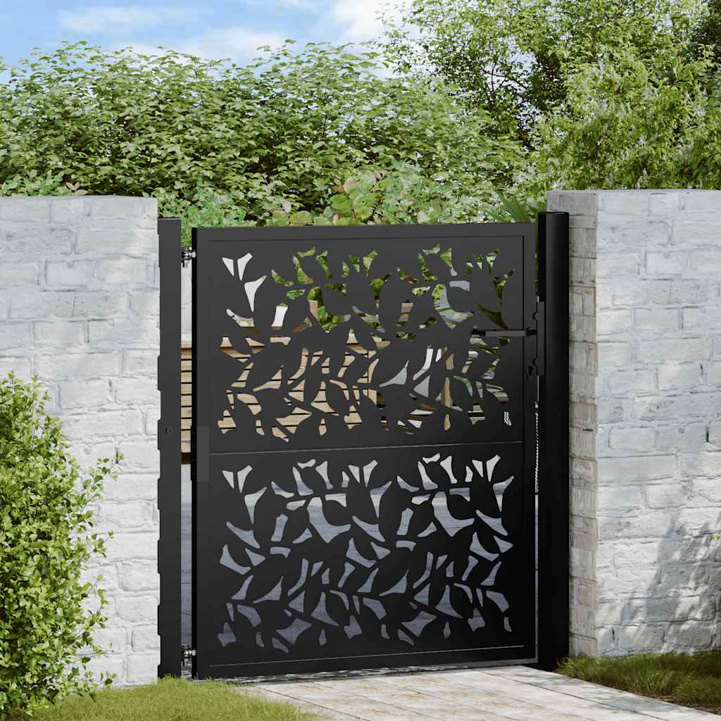 Portão de jardim preto 100x100 cm com design de folha de aço