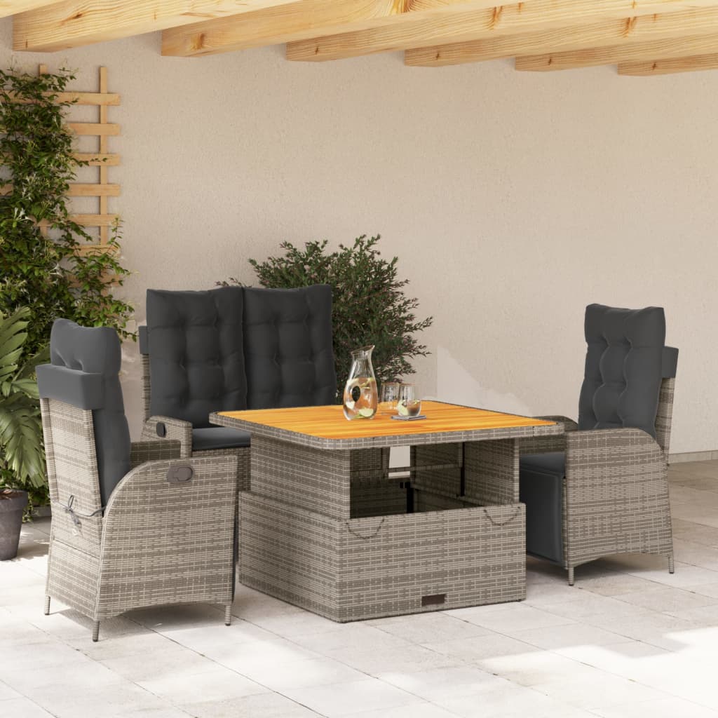 4 Pcs conjunto de jantar p/ jardim c/ almofadões vime PE cinza