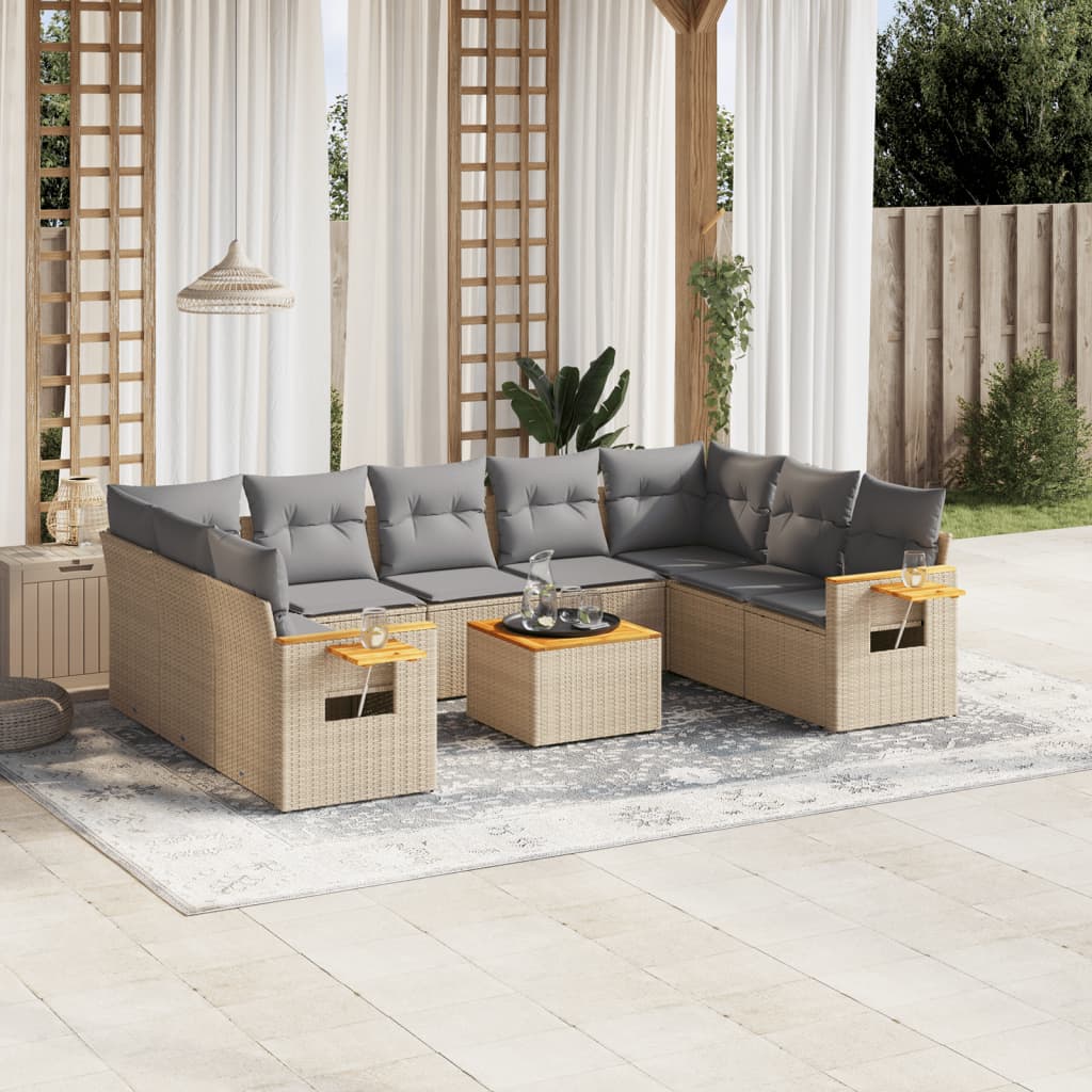 10 Pcs conjunto de sofás p/ jardim com almofadões vime PE bege