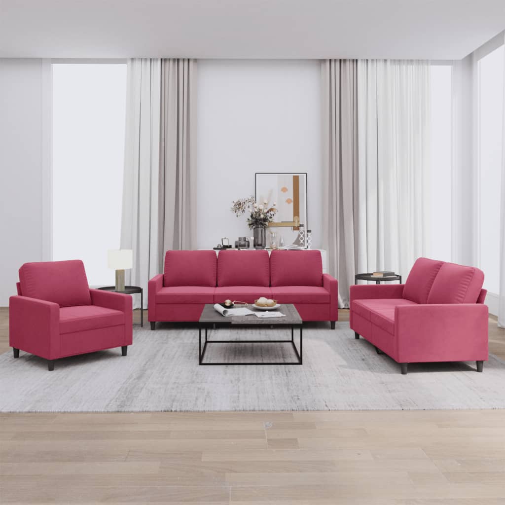 3 Pcs conjunto de sofás com almofadões veludo vermelho tinto