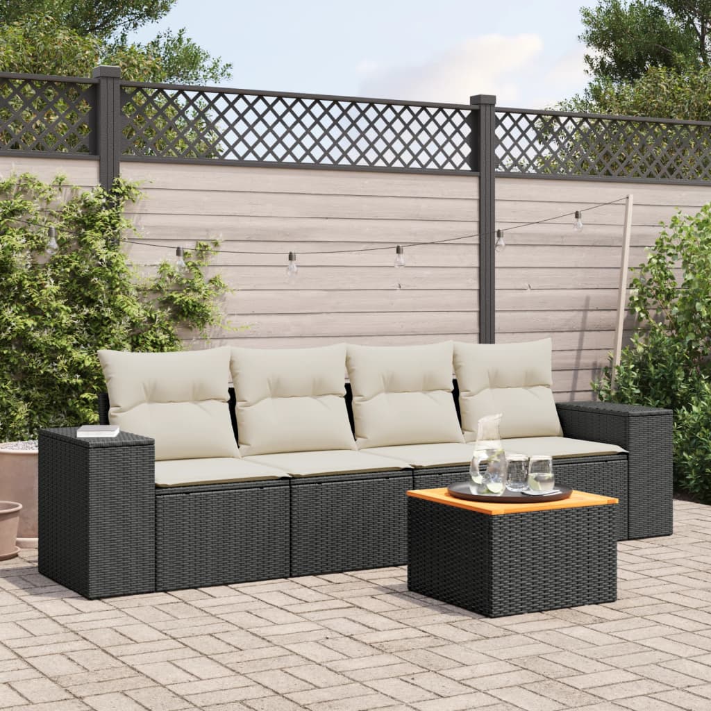 5 Pcs conjunto sofás de jardim com almofadões vime PE preto