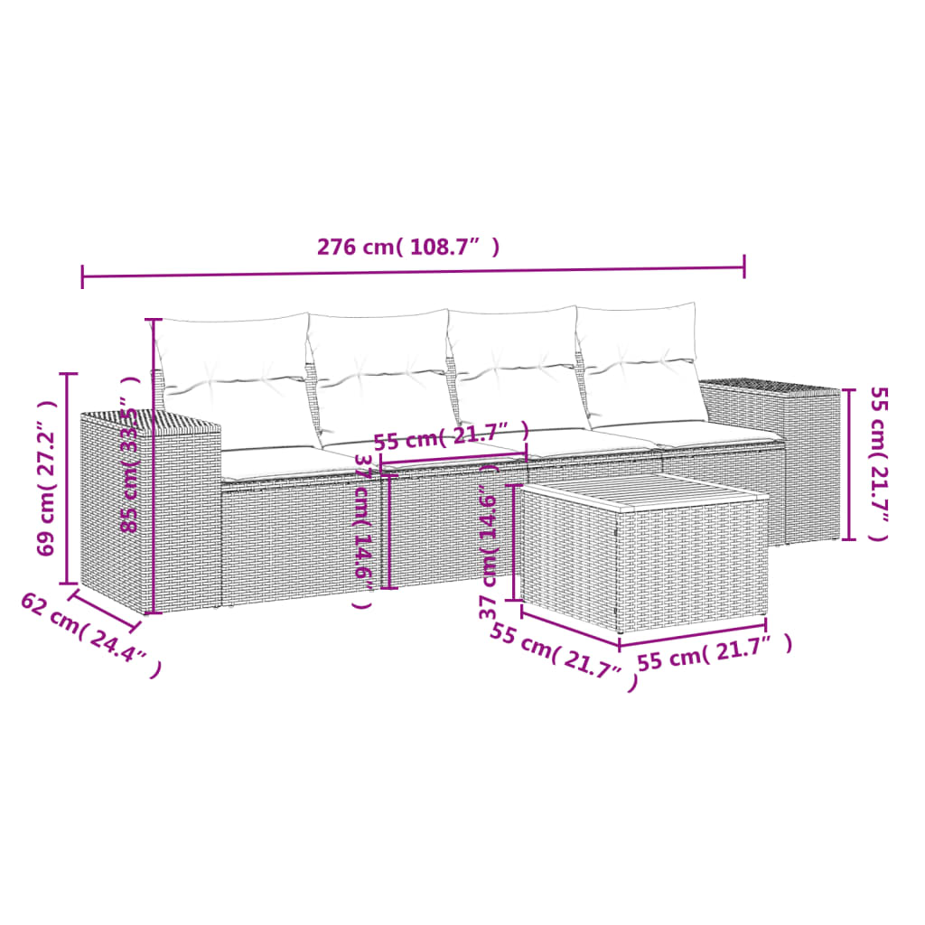 5 Pcs conjunto sofás de jardim com almofadões vime PE preto