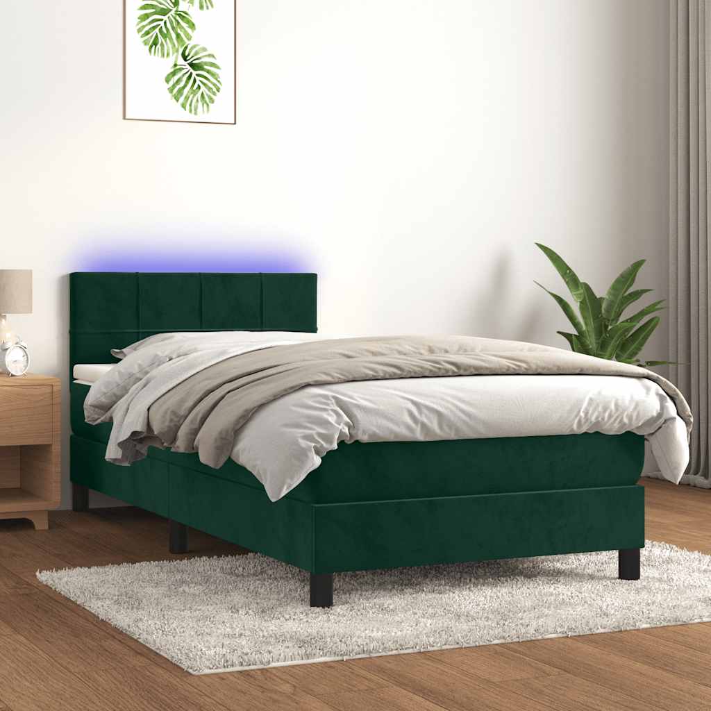 Cama box spring c/ colchão/LED 90x190 cm veludo verde-escuro