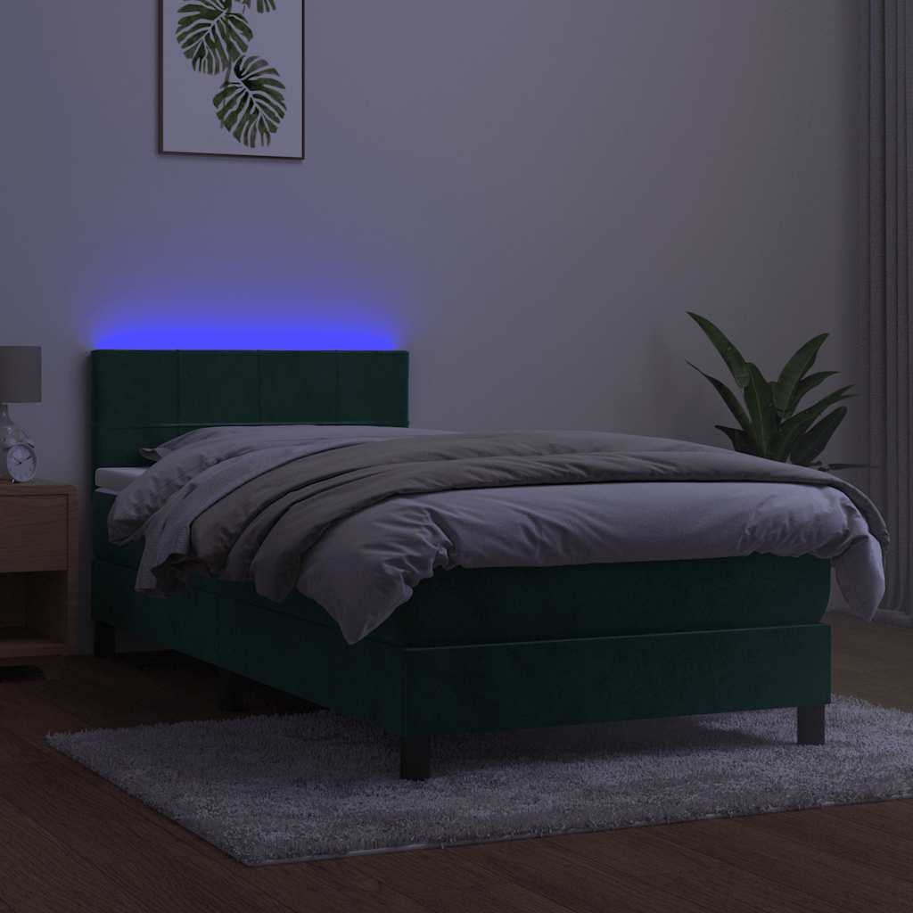 Cama box spring c/ colchão/LED 90x190 cm veludo verde-escuro