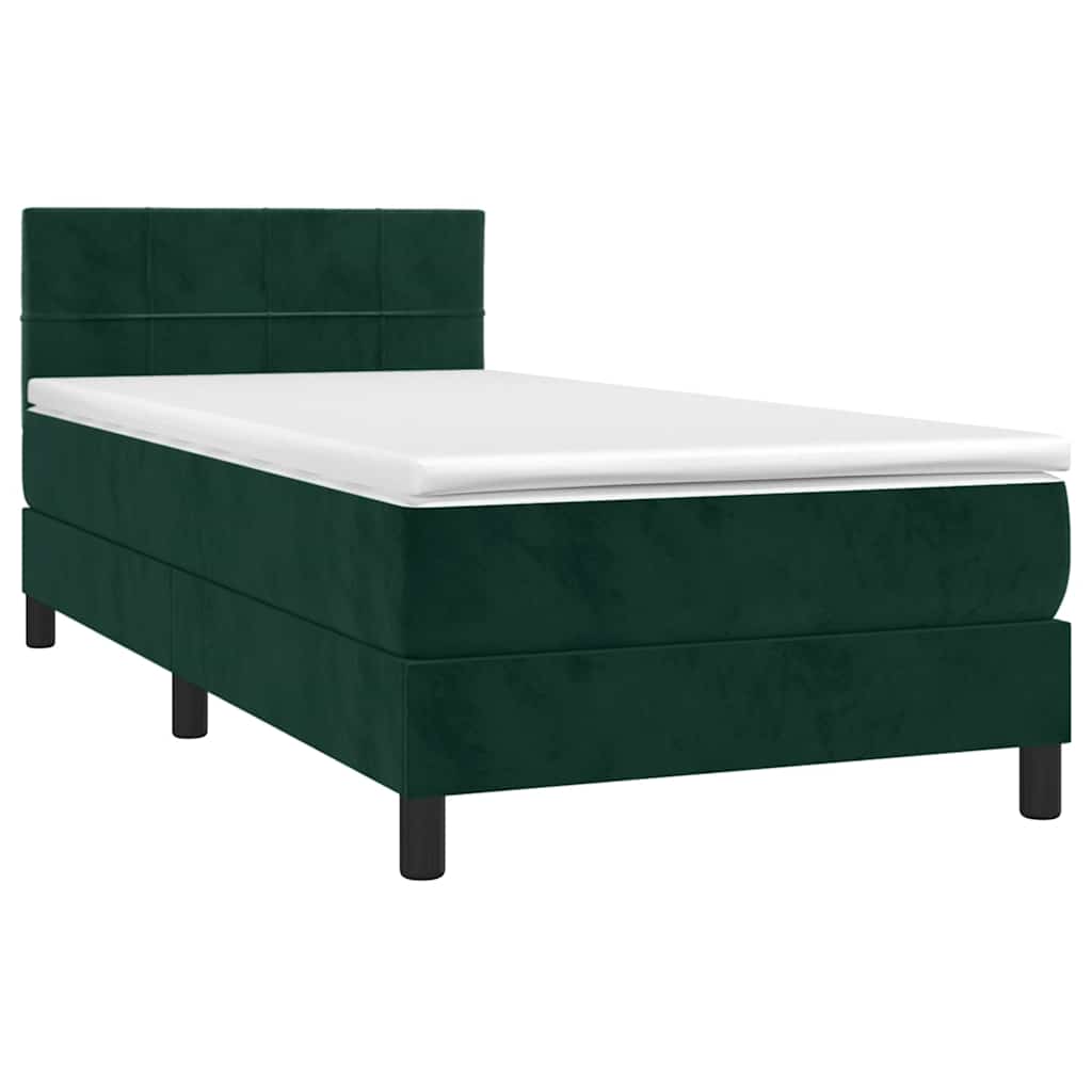 Cama box spring c/ colchão/LED 90x190 cm veludo verde-escuro