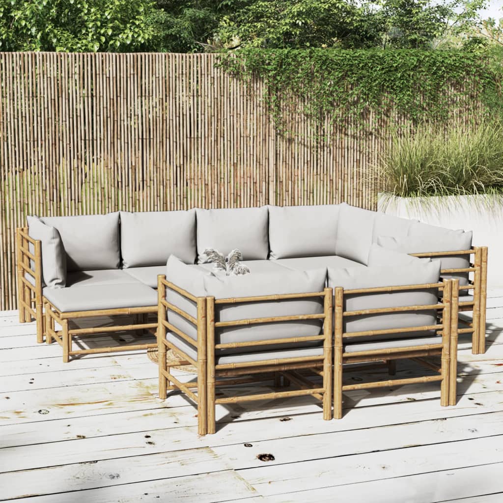 10 Pcs conj. lounge de jardim bambu c/ almofadões cinza-claro