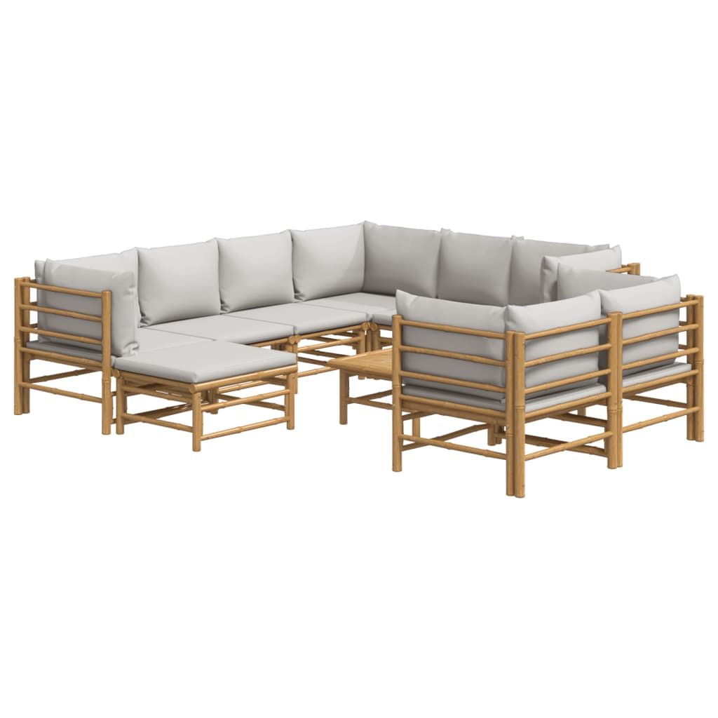10 Pcs conj. lounge de jardim bambu c/ almofadões cinza-claro