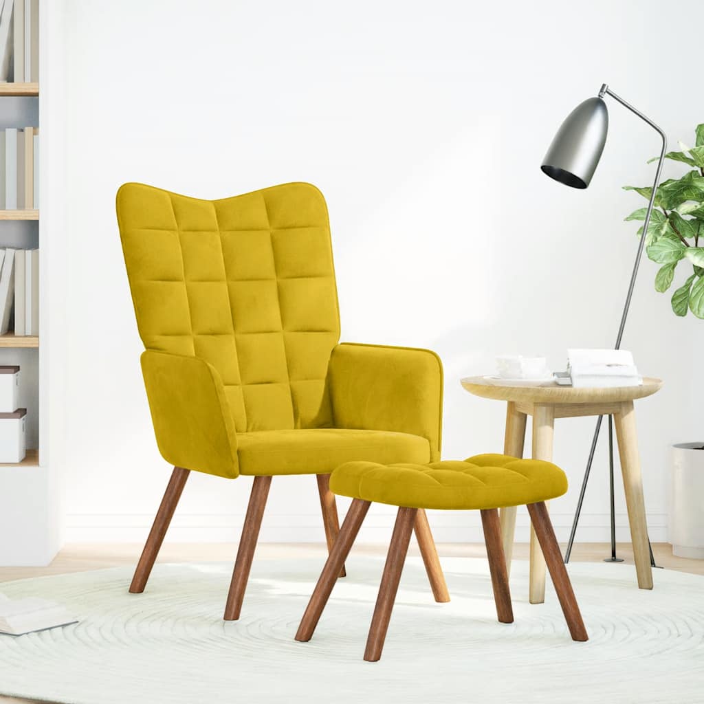 Cadeira relaxante com banco em veludo amarelo