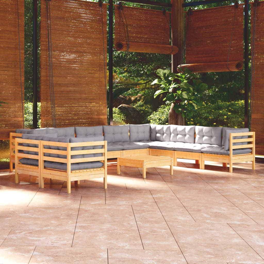 11Pcs conjunto lounge de jardim + almofadões cinza pinho maciço