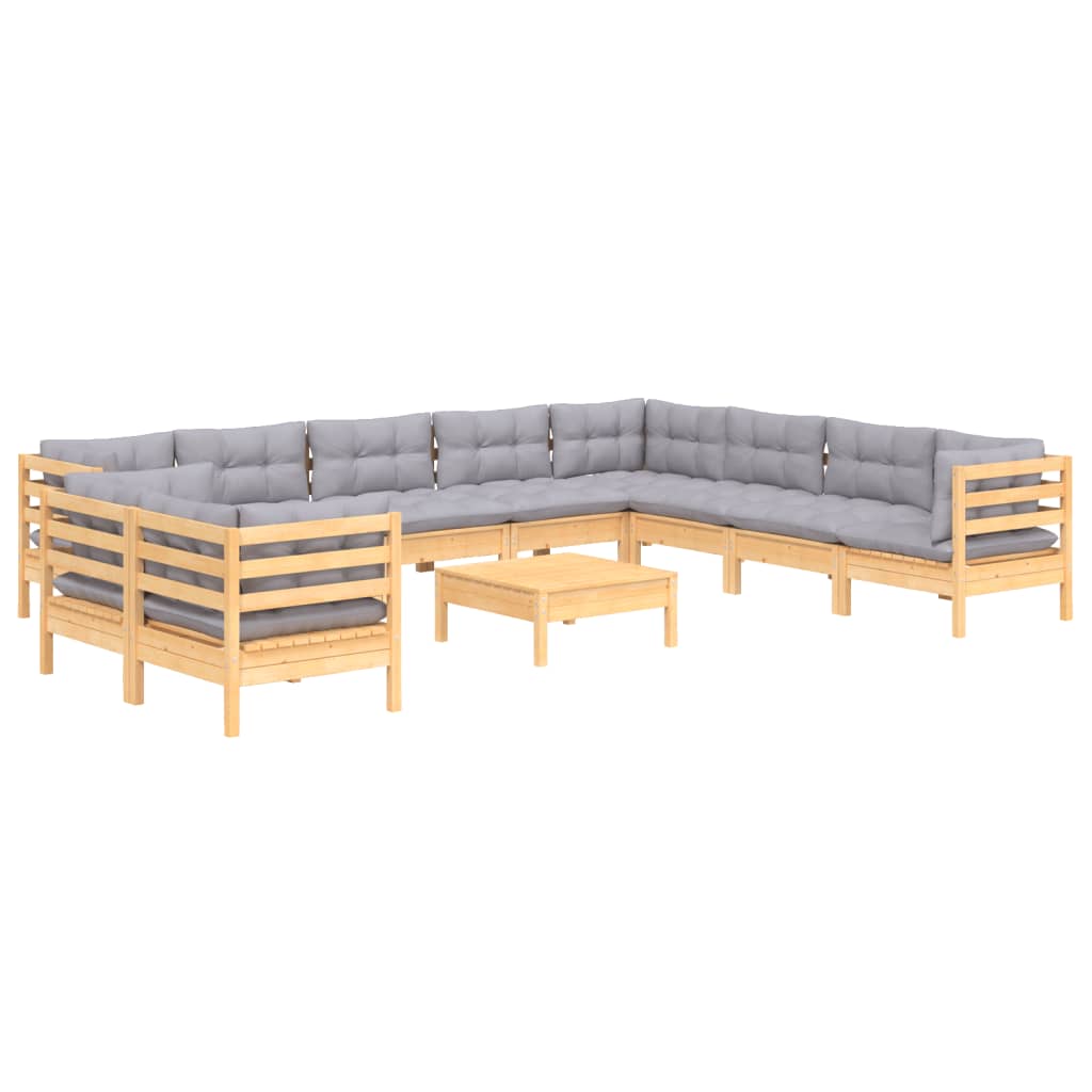 11Pcs conjunto lounge de jardim + almofadões cinza pinho maciço