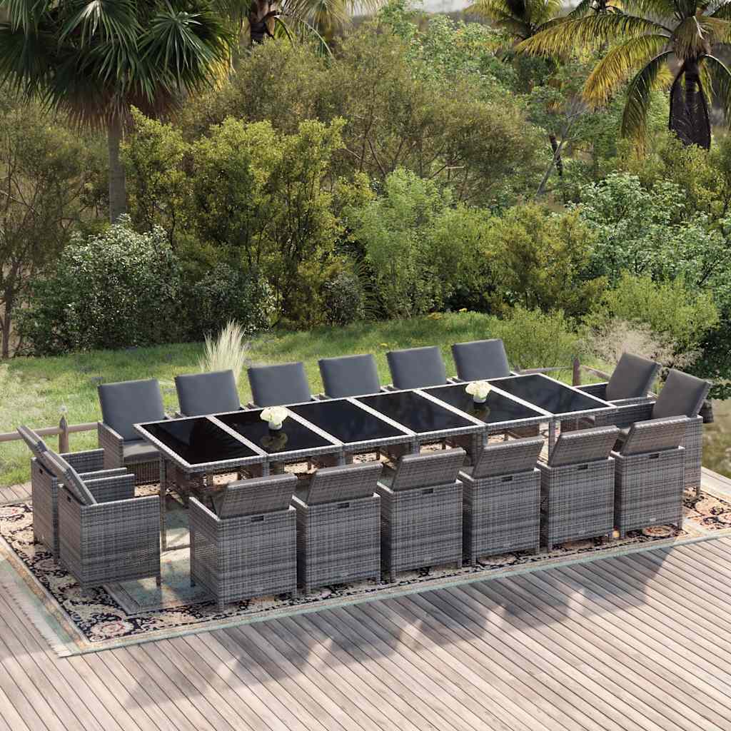 17 Pcs conjunto jantar p/ jardim c/ almofadões vime PE cinzento